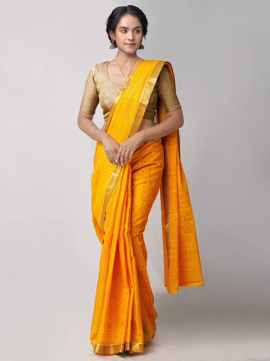 

Unnati Silks Yellow & Gold-Toned Ethnic Motifs Zari Pure Cotton Block Print Saree