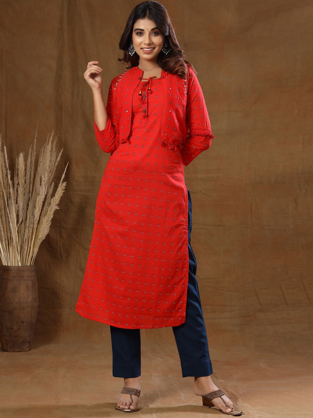 

KAAJH Women Red Embroidered Dobby Cotton Layered Kurta with Trousers & Jacket