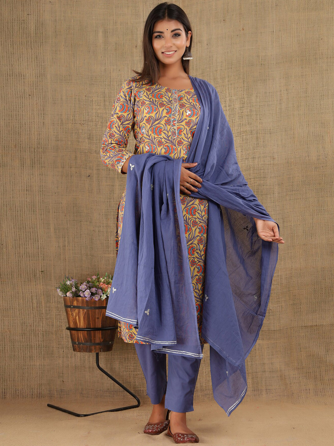 

KAAJH Women Yellow Printed Cotton Kurta With Trousers & Dupatta