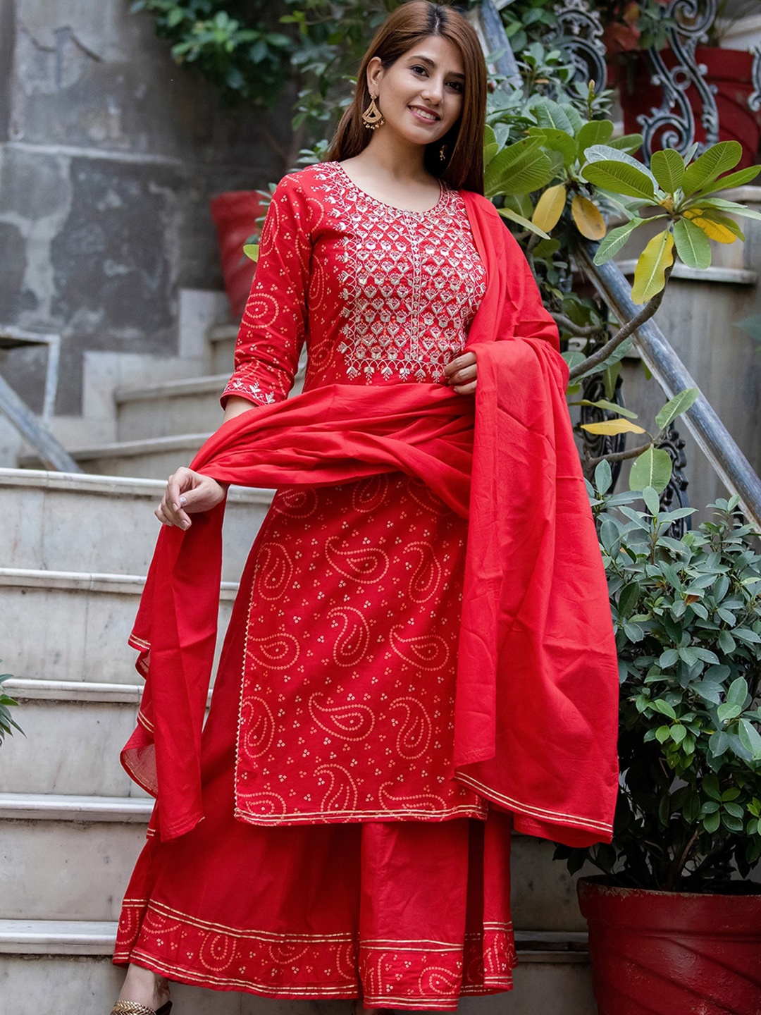 

KAAJH Women Red Bandhej Embroidered Kurta With Sharara & Dupatta