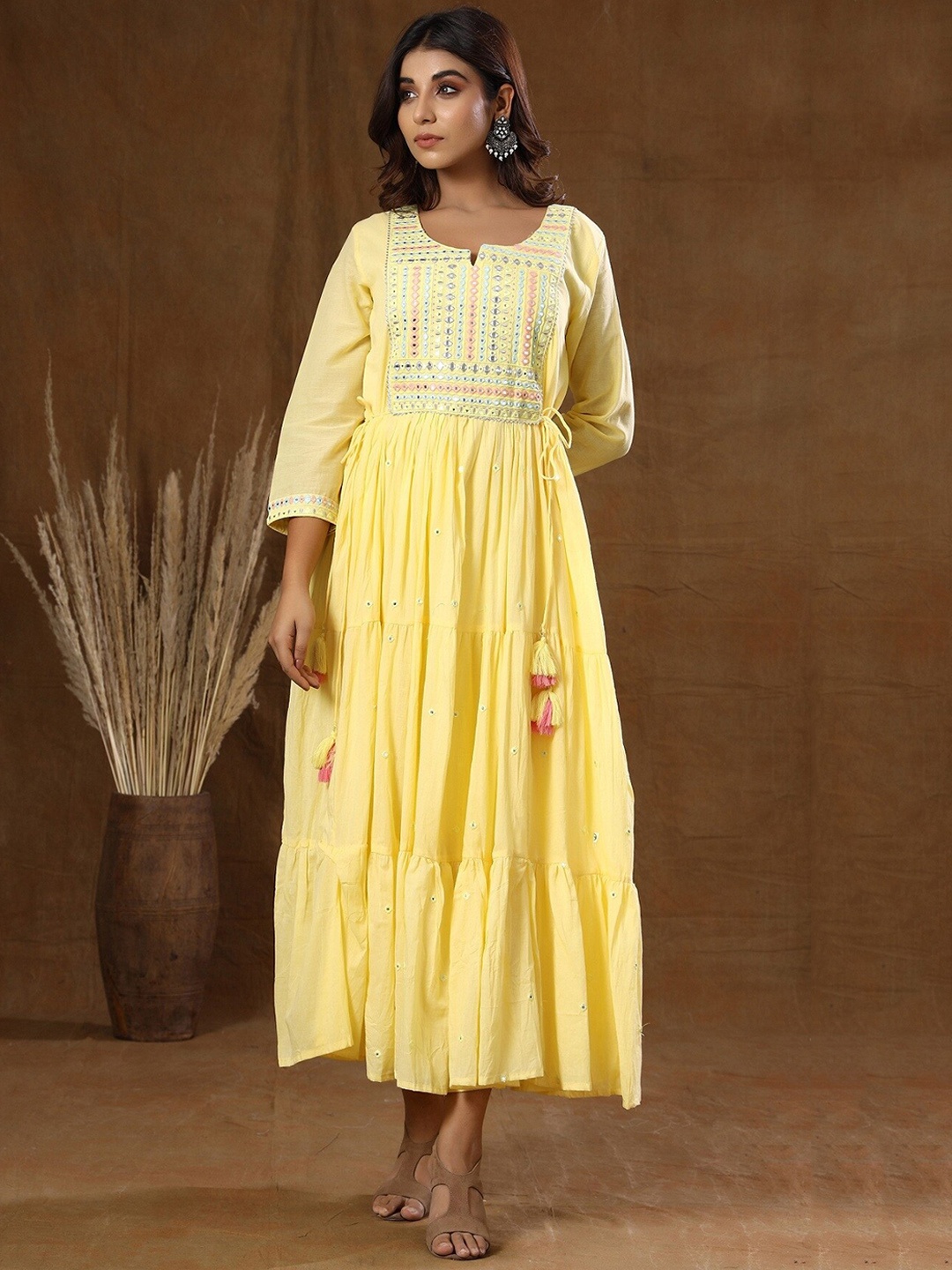 

KAAJH Women Yellow Embroidered Cotton Gown