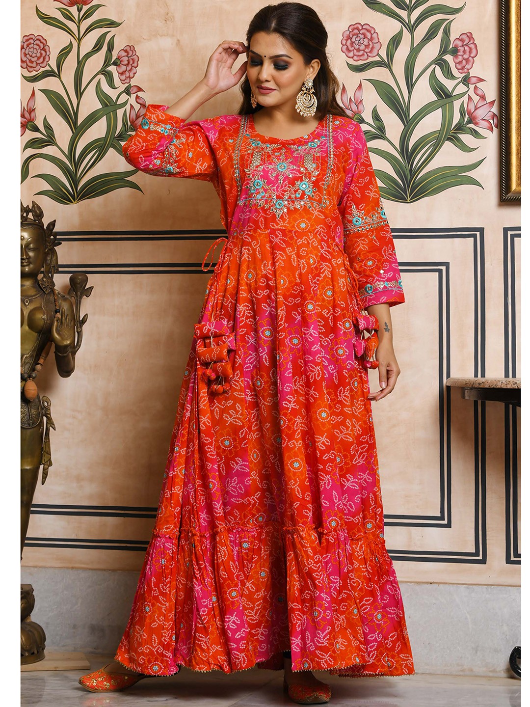 

KAAJH Women Orange & Pink Bandhani Bandhej Print Cotton Anarkali Kurta
