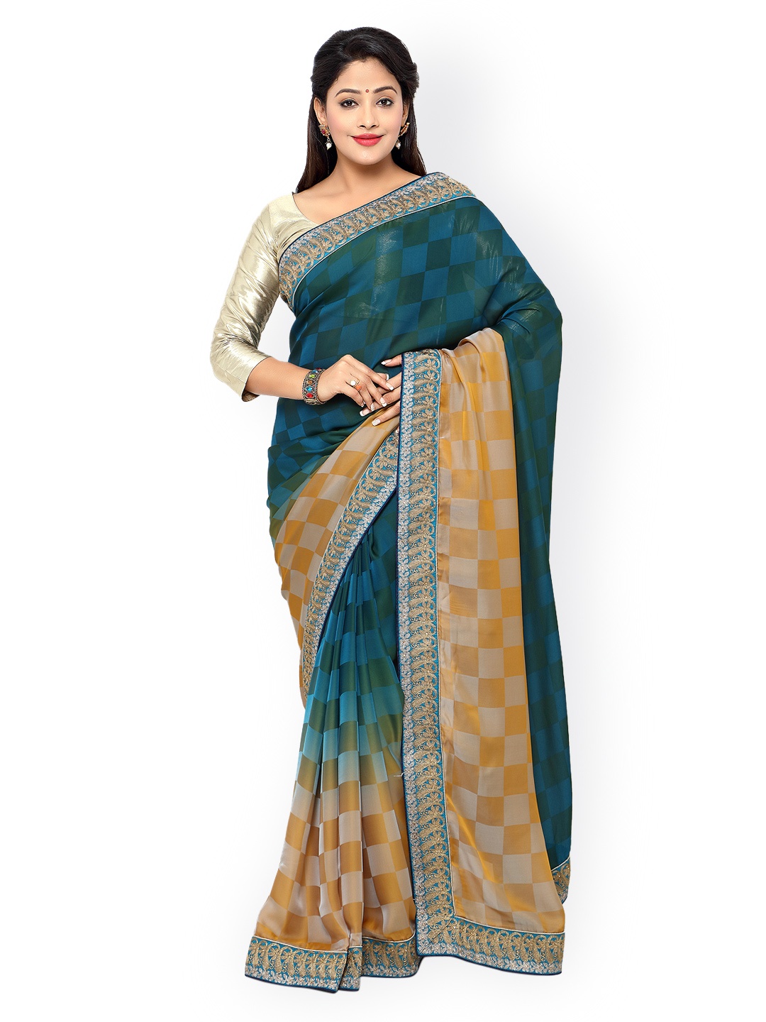 

Kalista Blue & Beige Checked Satin & Jacquard Saree