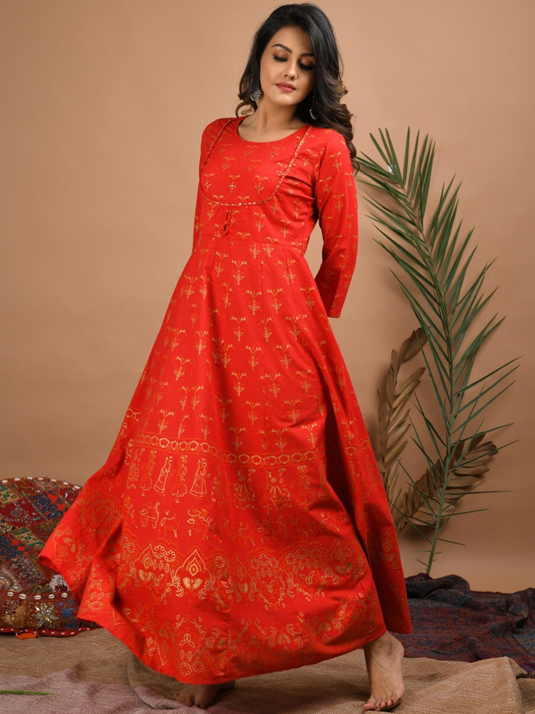 

KAAJH Women Orange & Golden Ethnic Motifs Screen Printed Pure Cotton Anarkali Kurta