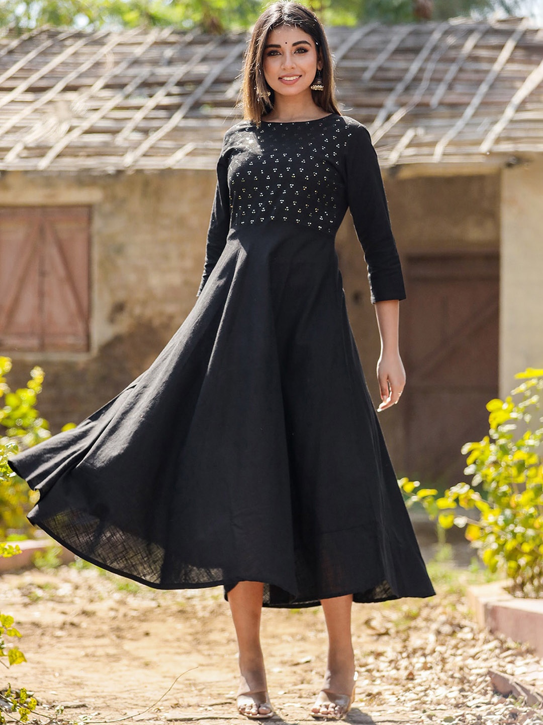 

KAAJH Black Cotton Anarkali Midi Dress