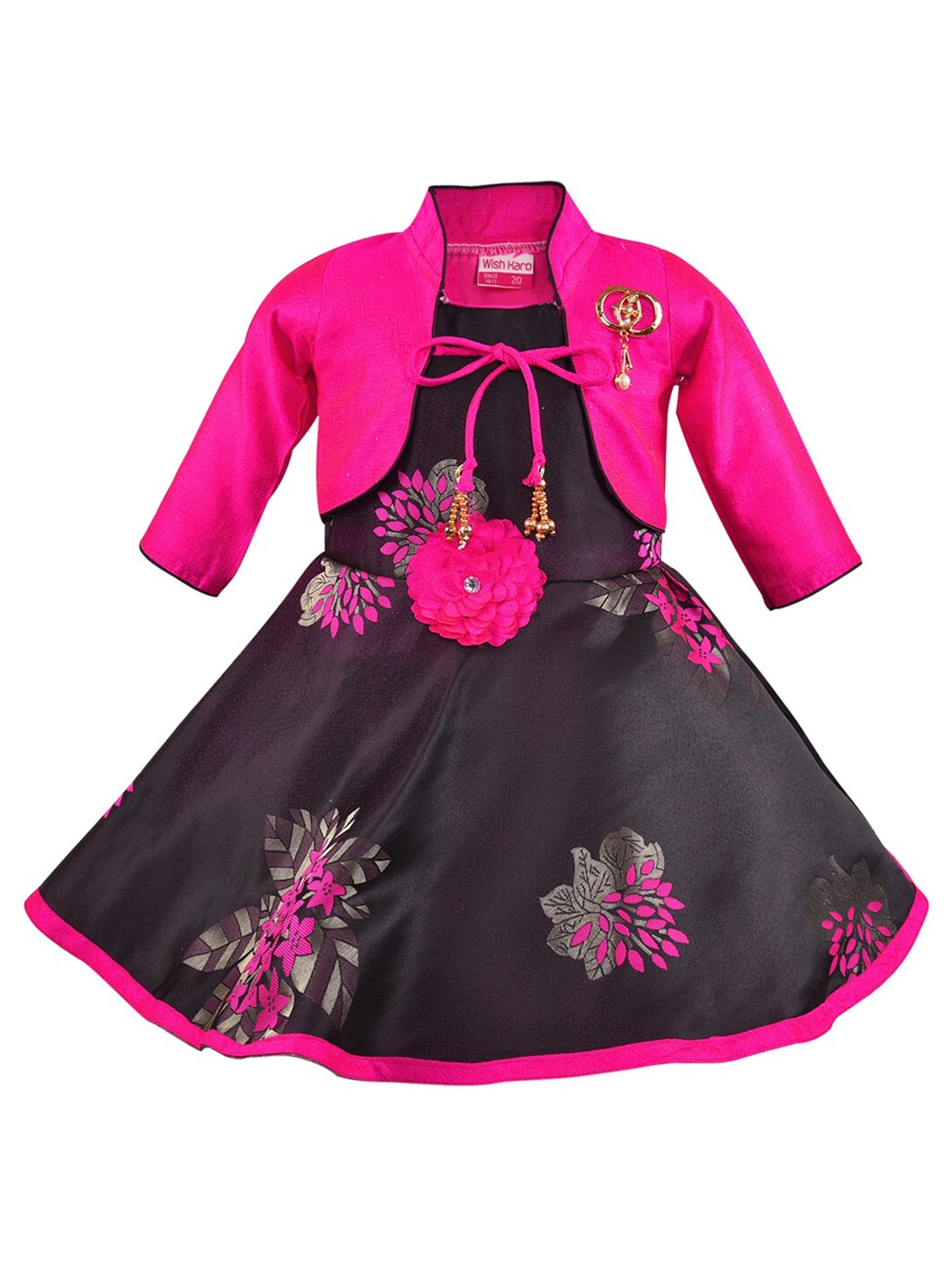 

Wish Karo Girls Pink & Black Floral Satin Dress With Jacket