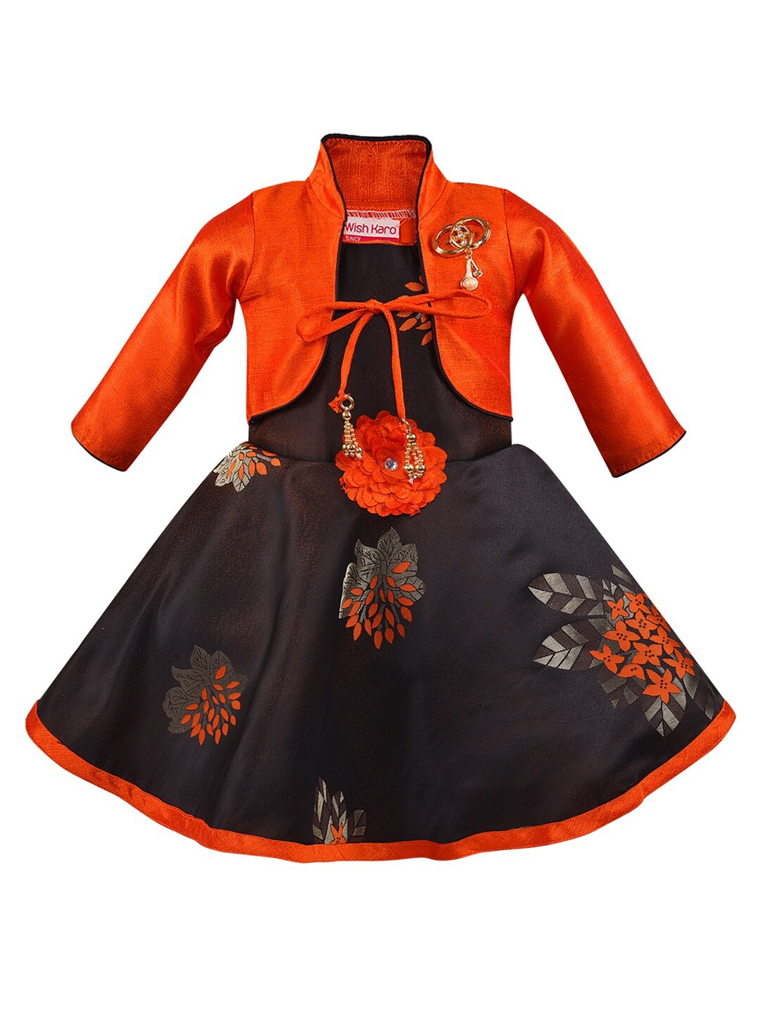 

Wish Karo Orange & Brown Floral Silk Satin Dress