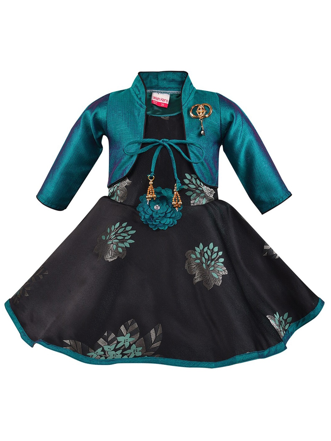 

Wish Karo Girls Black & Teal Green Floral Printed Satin Fit & Flare Dress With Jacket