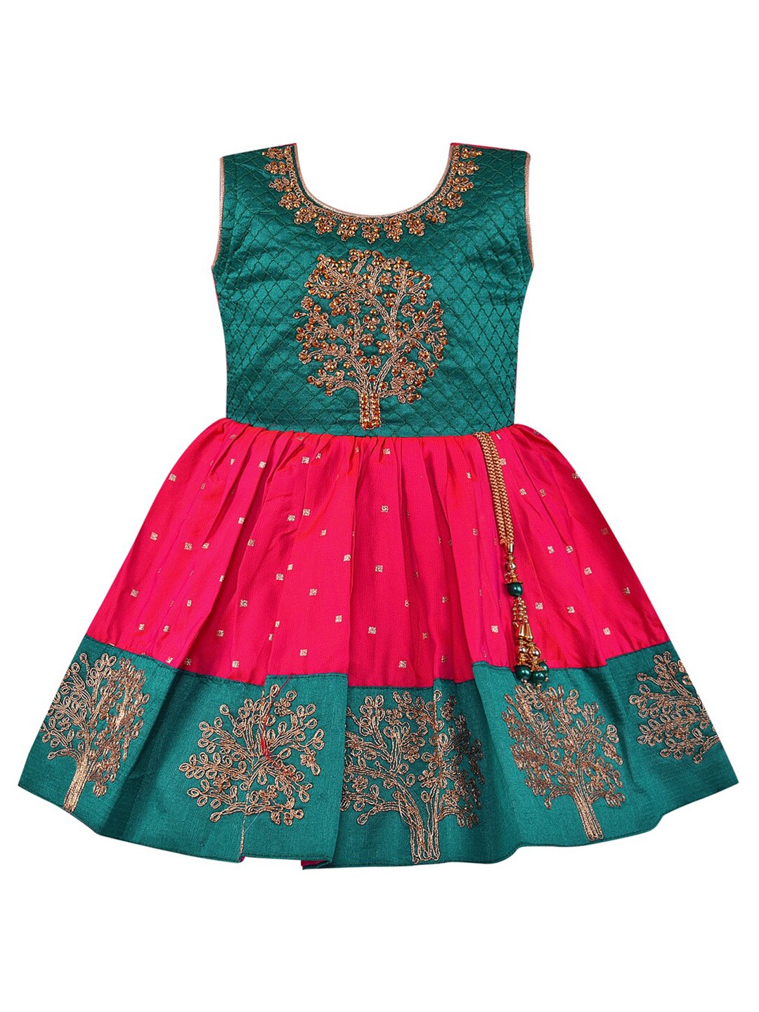 

Wish Karo Girls Pink & Green Embellished Satin Dress