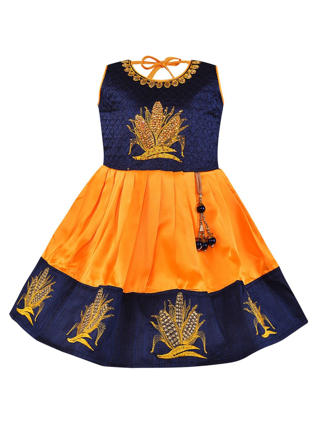 

Wish Karo Girls Yellow & Navy Blue Embellished Satin Dress