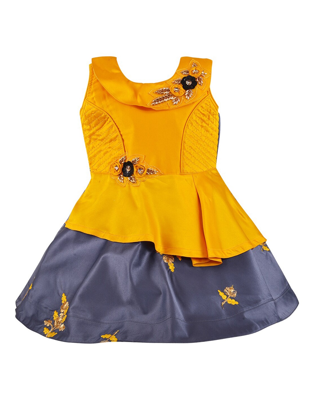 

Wish Karo Yellow & Grey Embroidered Satin Peplum Dress