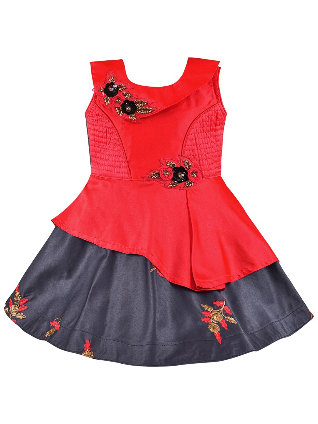 

Wish Karo Red Floral Colourblocked Satin Dress