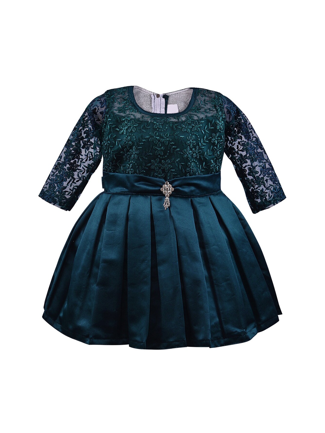 

Wish Karo Girls Teal Green Floral Embroidered Fit & Flare Satin Dress