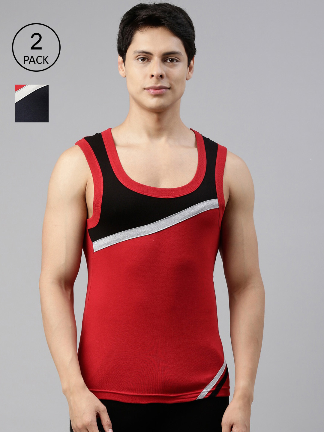 

DIXCY SCOTT Men Pack Of 2 Colourblocked Cotton Gym Vests, Navy blue