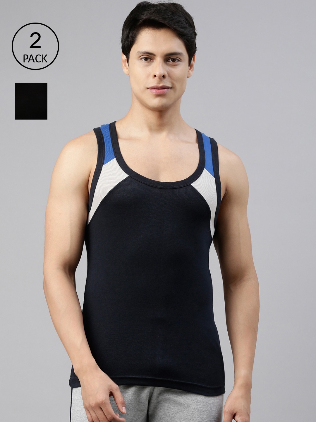 

DIXCY SCOTT Men Pack Of 2 Black & Navy Blue Solid Cotton Basic Vests