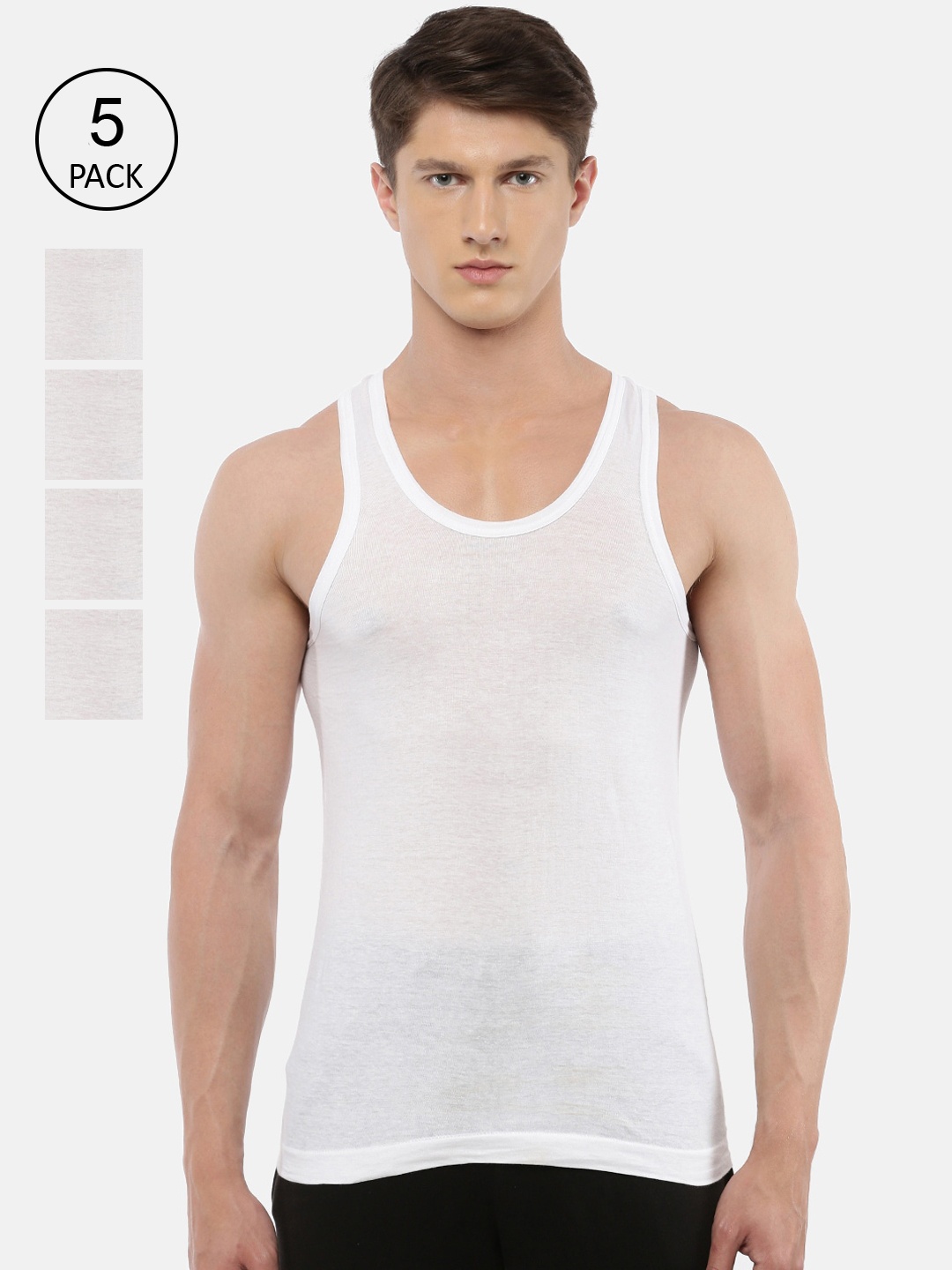 

DIXCY SCOTT Men Pack Of 5 Solid Cotton Modern Fit Innerwear Vests JOSH VEST P5-WHITE
