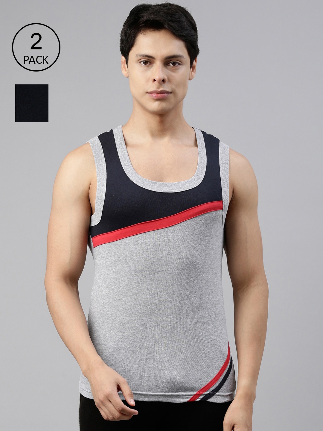 

DIXCY SCOTT Men Grey & Navy Blue Pack Of 2 Solid Cotton Innerwear Gym Vests