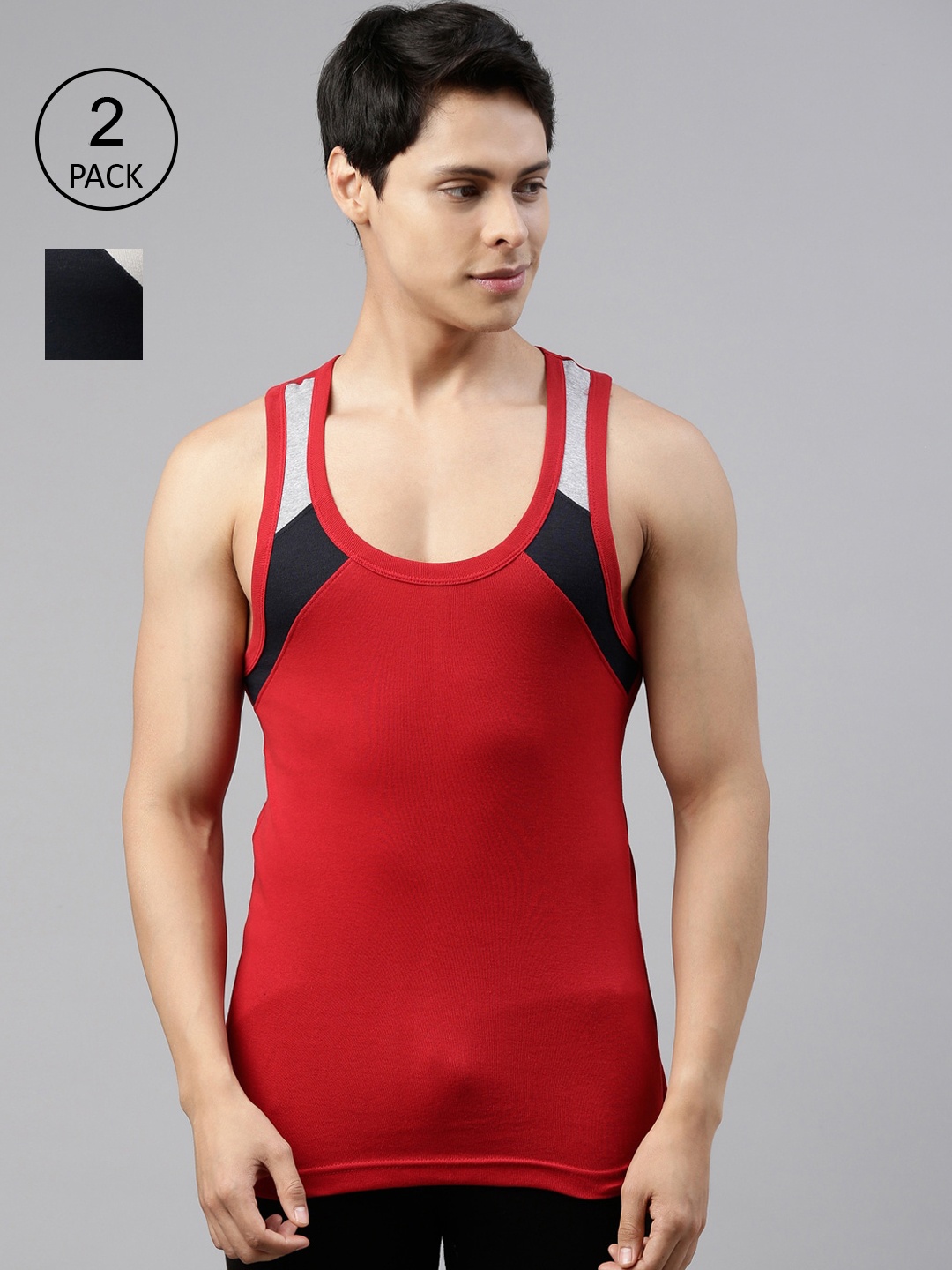 

DIXCY SCOTT Men Red & Navy Blue Pack Of 2 Solid Combed Cotton Gym Vests