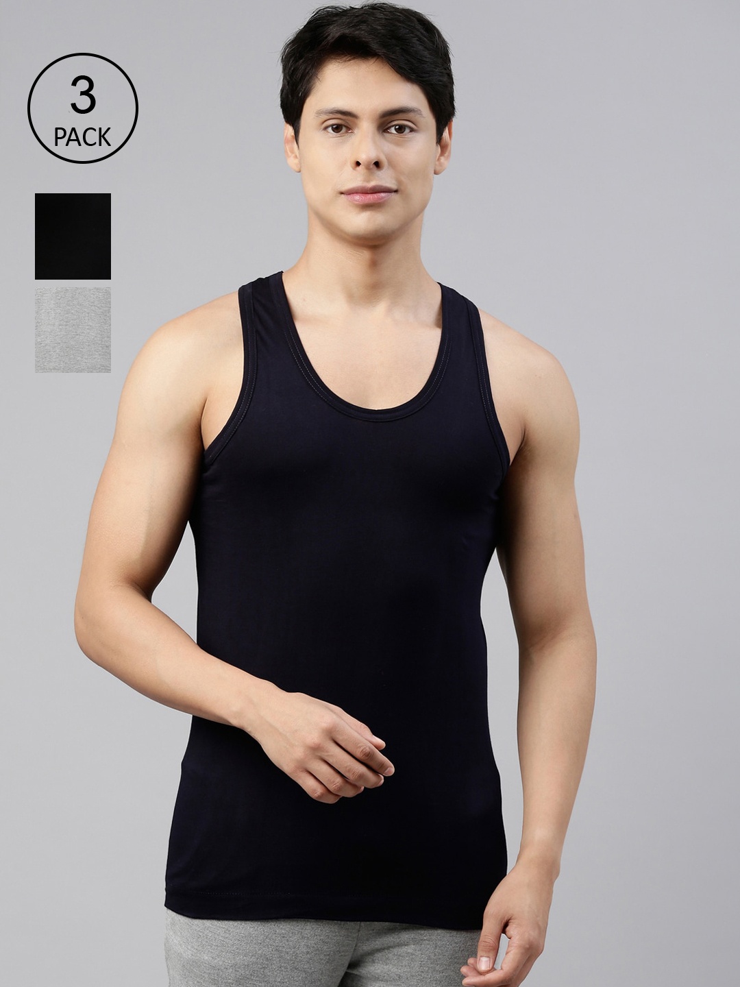 

DIXCY SCOTT Men Pack Of 3 Solid Solid Cotton Gym Vests, Black