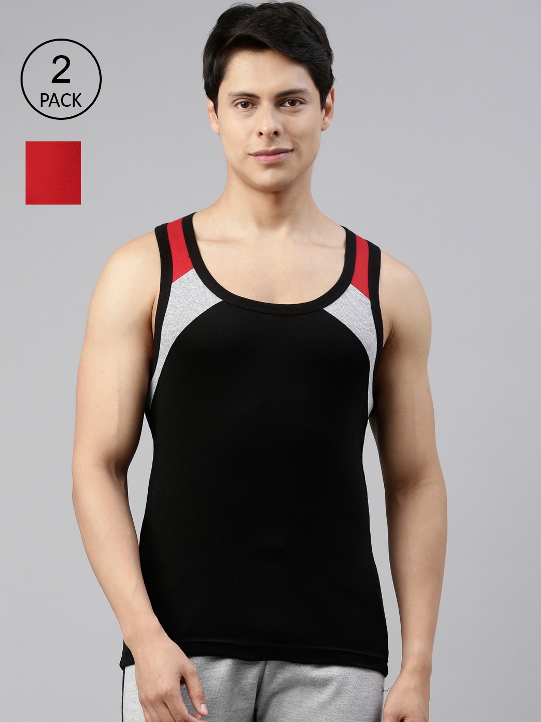 

DIXCY SCOTT Men Pack Of 2 Solid Combed Cotton Gym Vests, Black