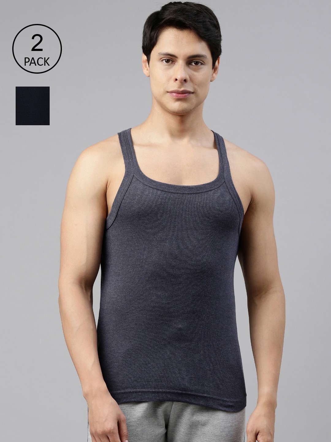 

DIXCY SCOTT Men Pack of 2 Solid Cotton Innerwear Gym Vests, Navy blue