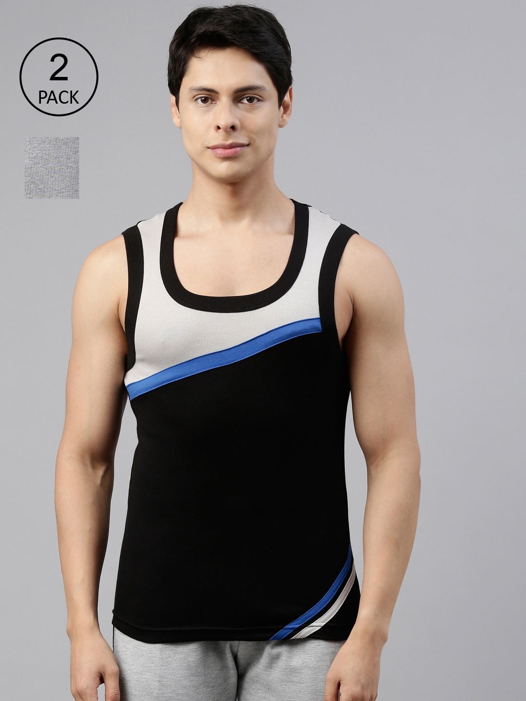 

DIXCY SCOTT Men Pack Of 2 Solid Combed Cotton Gym Vests, Black