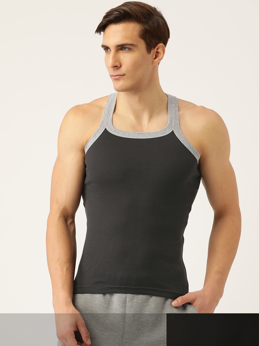 

DIXCY SCOTT Men Pack Of 2 Solid Gym Innerwear Vests, Black