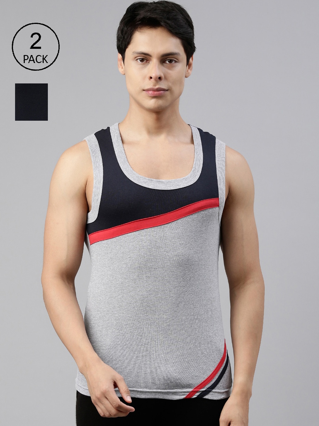 

DIXCY SCOTT Men Pack Of 2 Solid Cotton Gym Vests BOLD GYM VEST B 1400, Grey melange