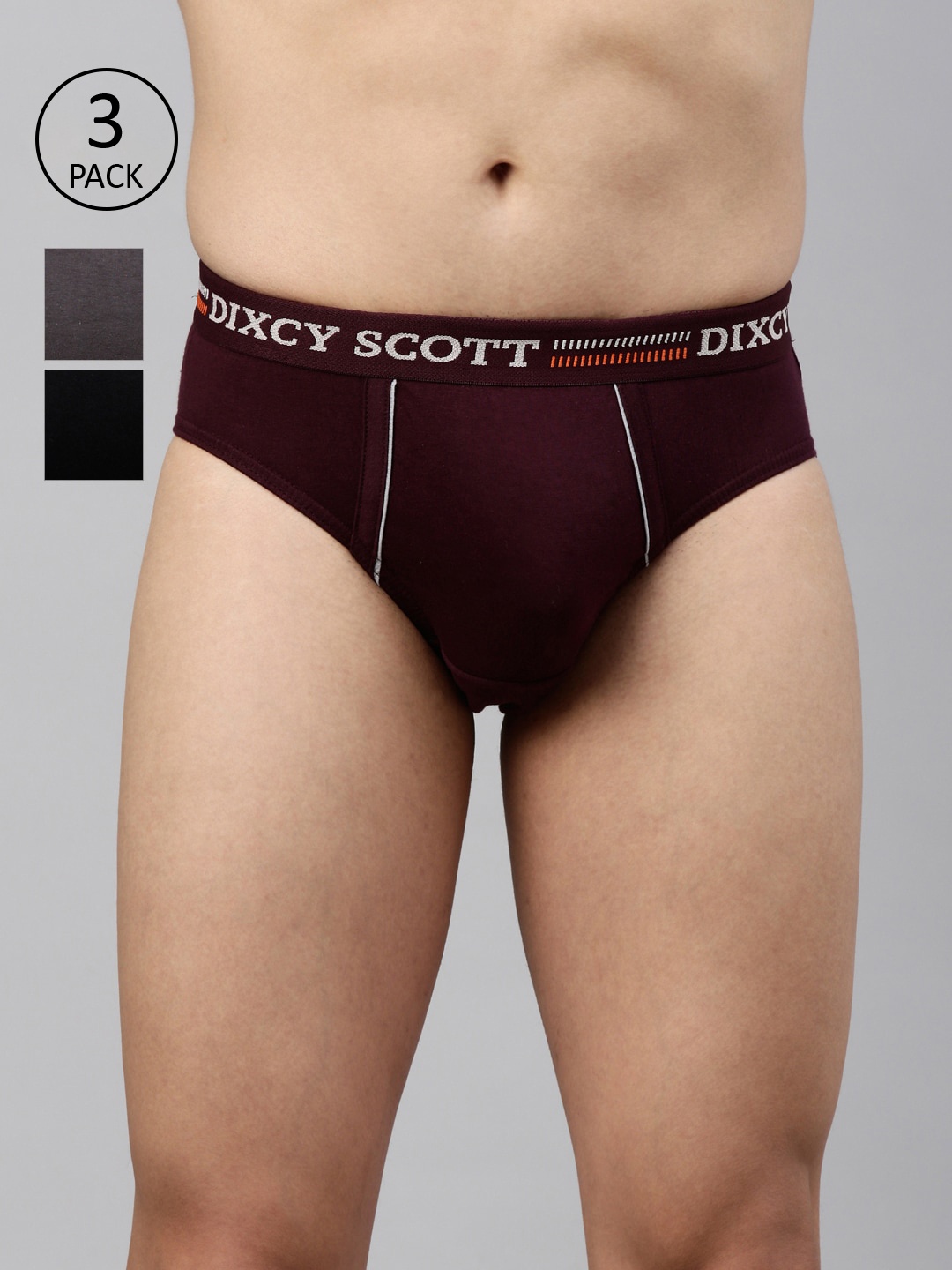 

DIXCY SCOTT Men Pack Of 3 Black & Burgundy Solid Pure Combed Cotton Basic Briefs