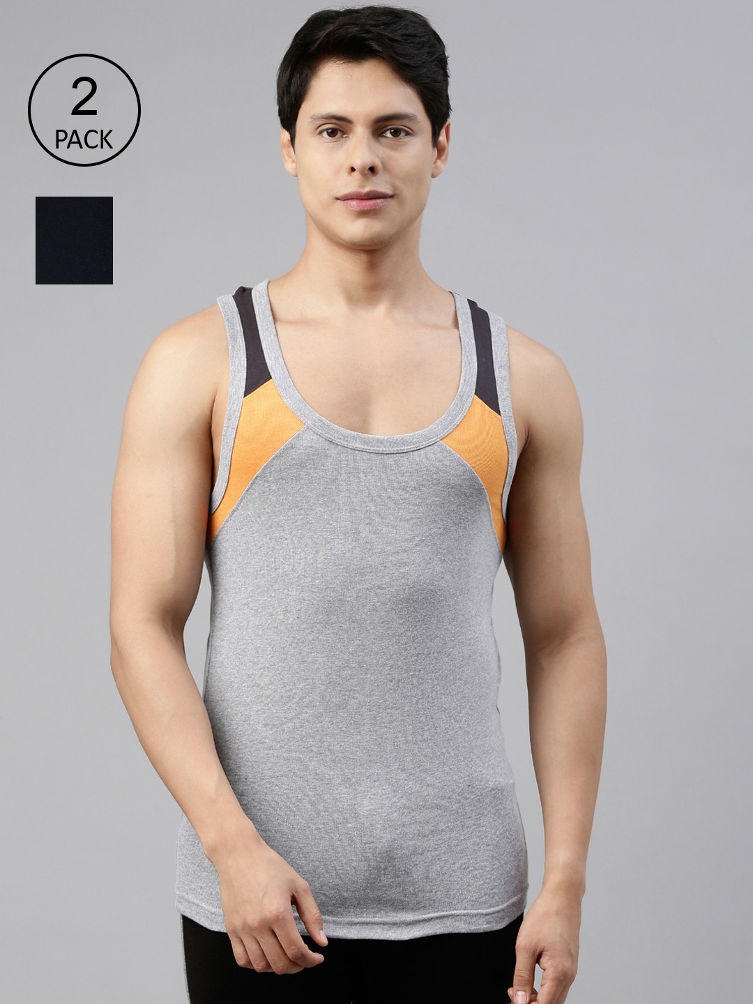 

DIXCY SCOTT Men Pack Of 2 Solid Combed Cotton Gym Vests, Grey