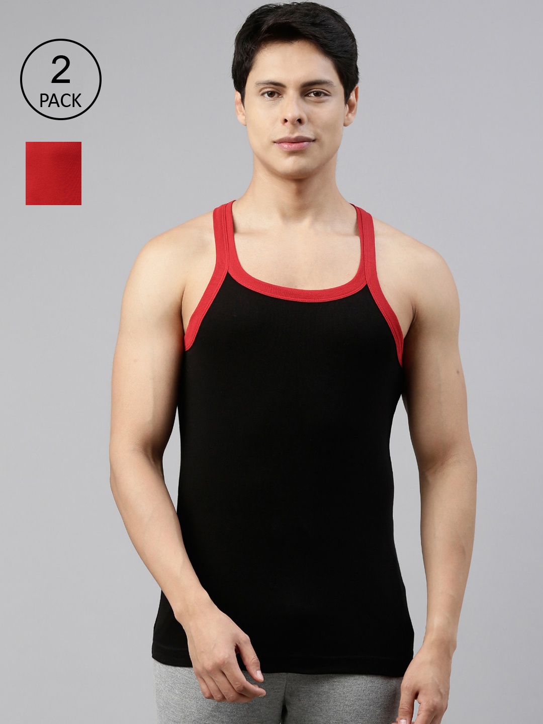 

DIXCY SCOTT Men Pack Of 2 Solid Combed Cotton Innerwear Gym Vest, Red