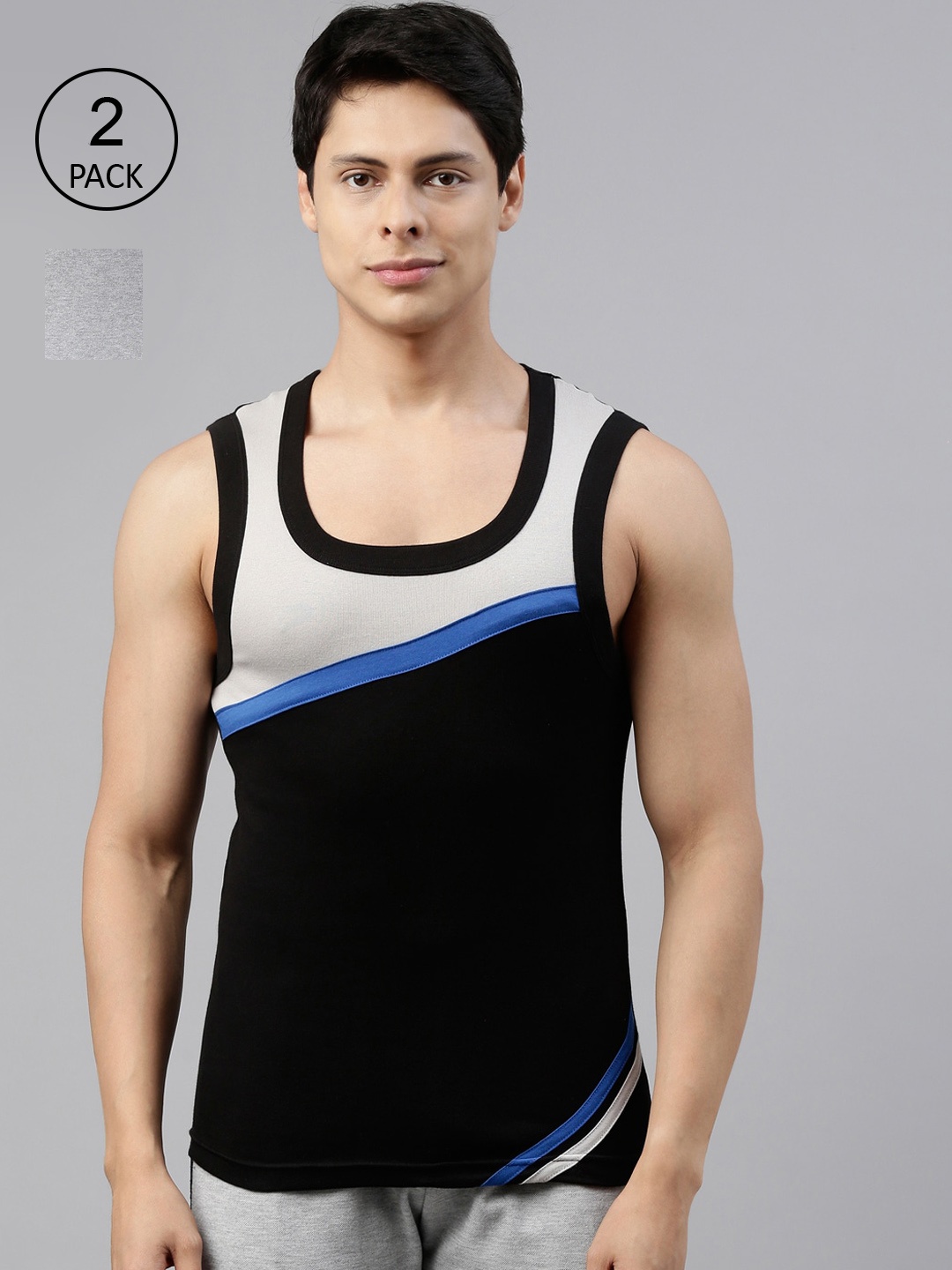 

DIXCY SCOTT Men Pack Of 2 Solid Cotton Innerwear Gym Vest, Black