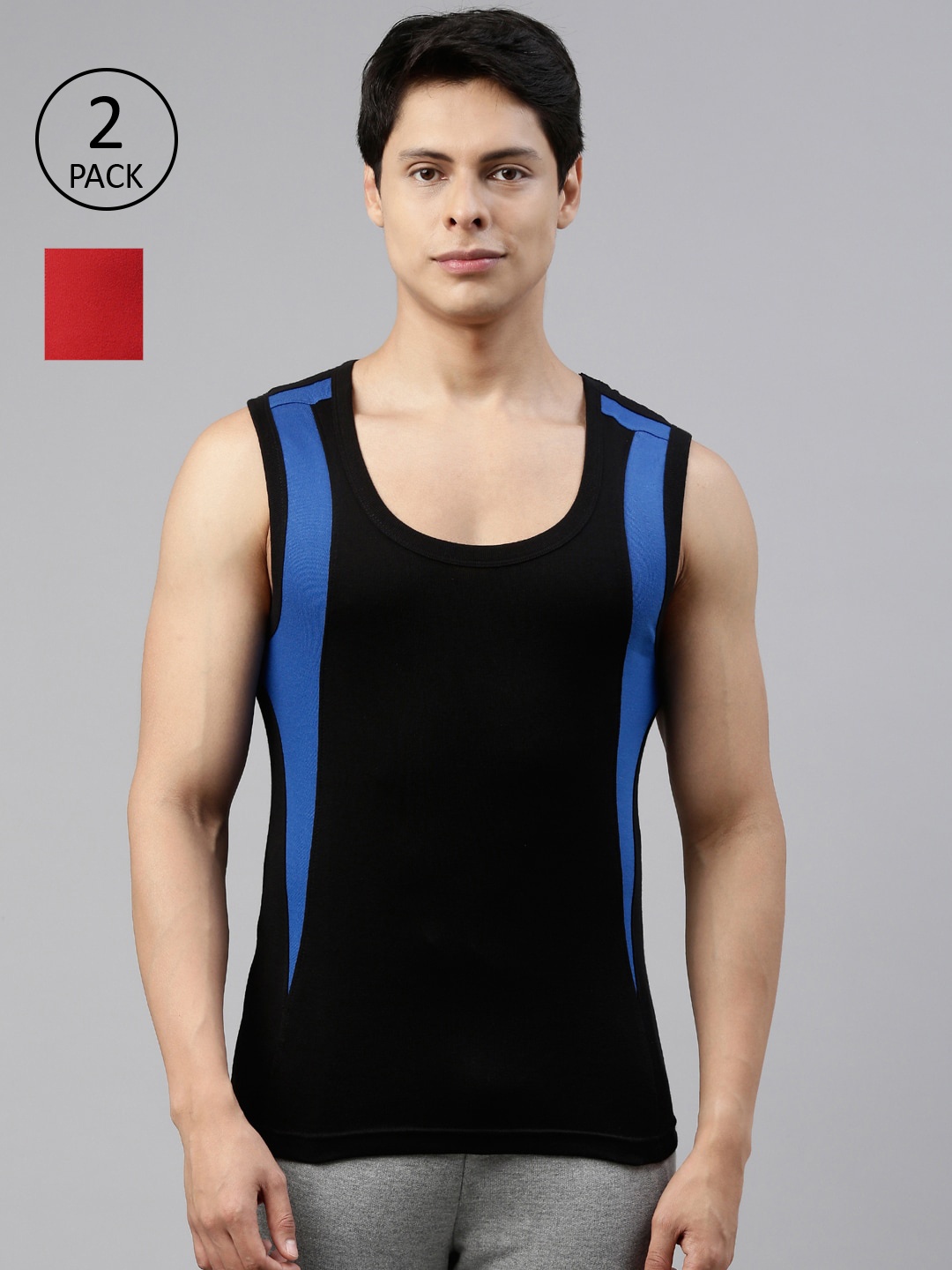 

DIXCY SCOTT Pack Of 2 Men Red & Black Solid Pure Cotton Innerwear Gym Vests