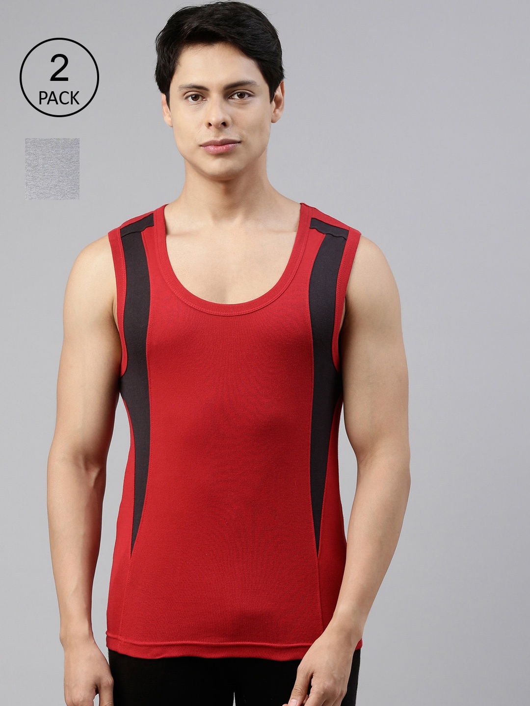 

DIXCY SCOTT Men Red & Grey Pure Combed Cotton Gym Vests Pack Of 2