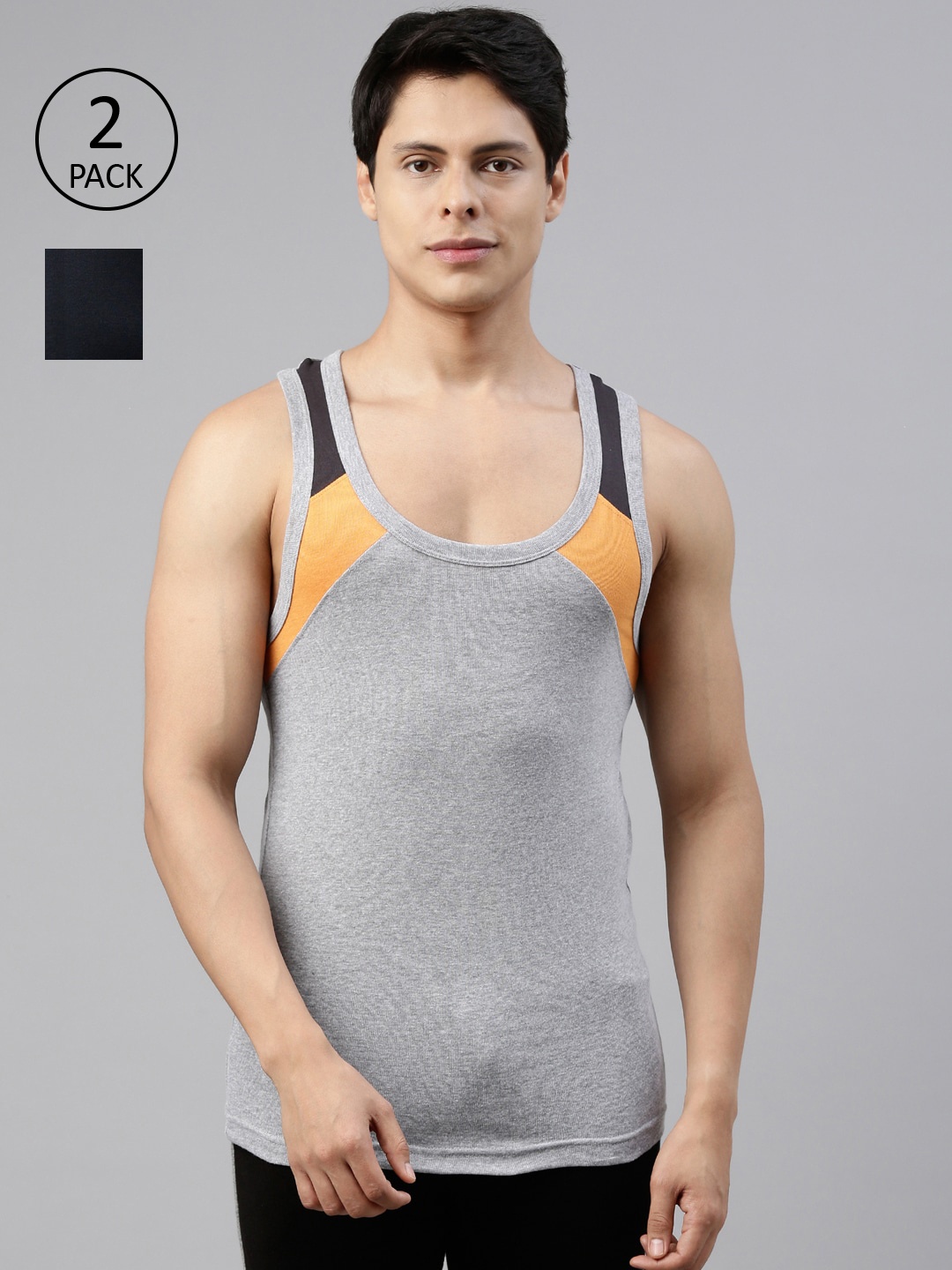 

DIXCY SCOTT Men Pack Of 2 Solid Cotton Gym Vest, Navy blue