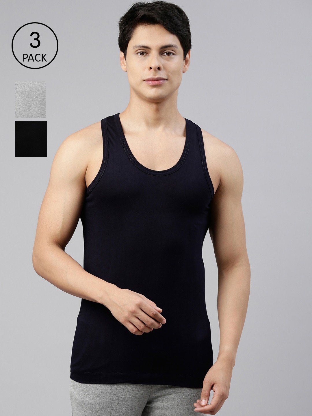 

DIXCY SCOTT Men Pack Of 3 Solid Cotton Gym Vest, Grey