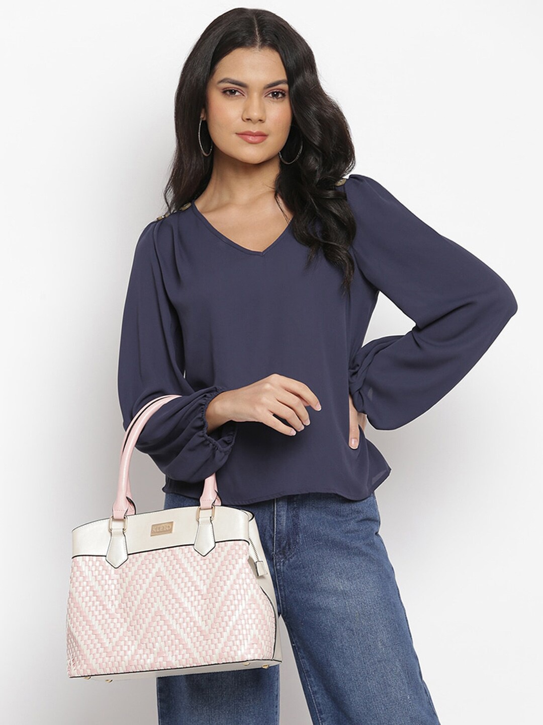 

KLEIO Colour Blocked Weave Satchel Handbag, White