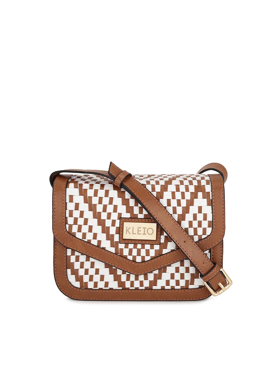 

KLEIO Women Tan Brown Geometric Woven Design Structured Sling Bag with Cut Work