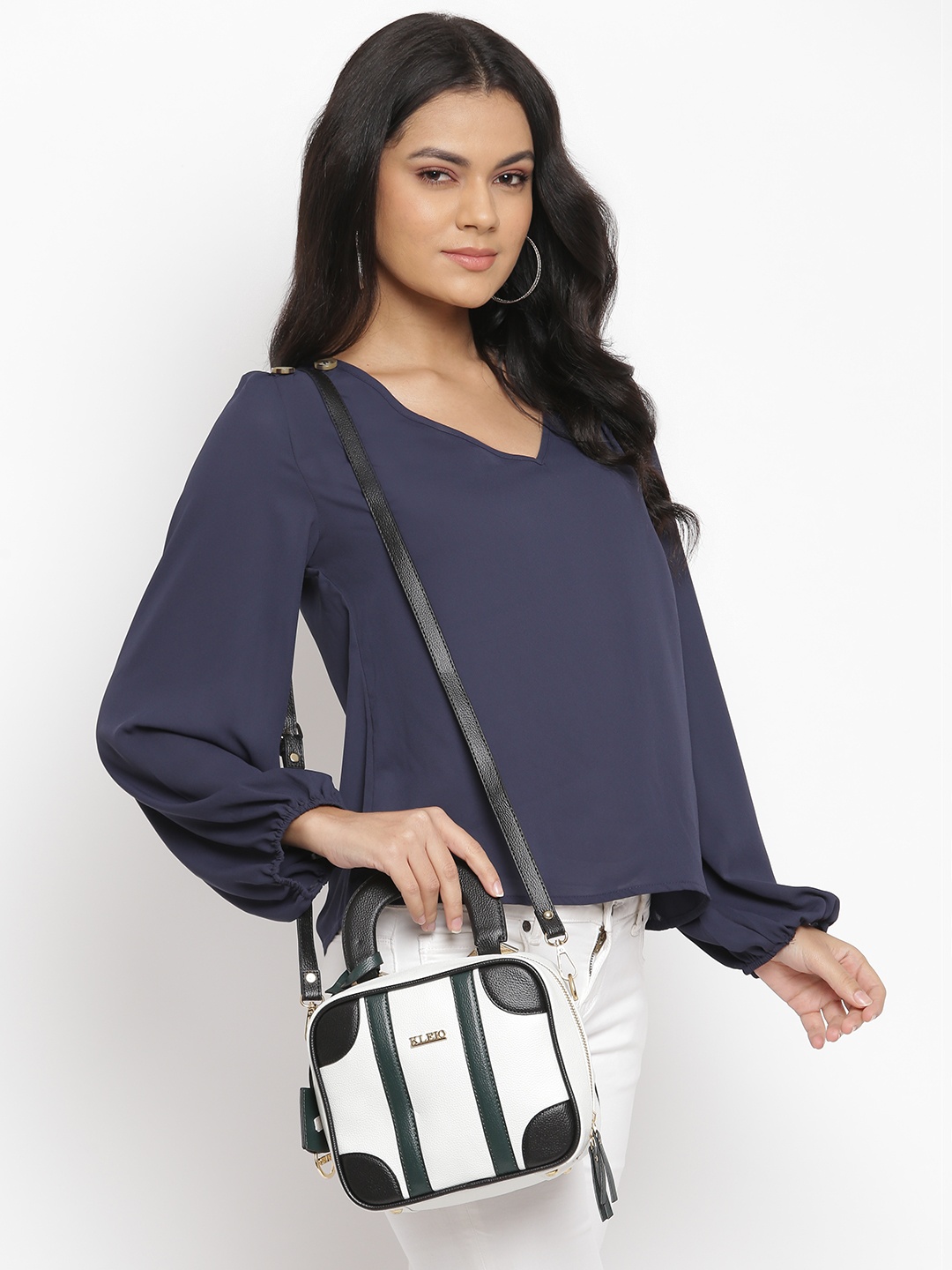 

KLEIO Women Color-Blocked Top Handle Sling Handbag, White