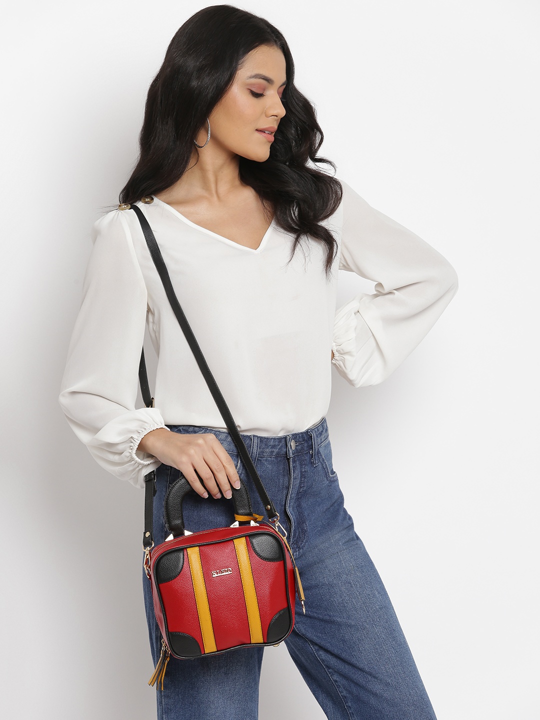 

KLEIO Color-Blocked Top Handle Sling Handbag, Red