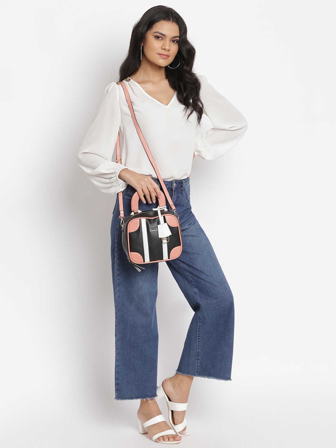 

KLEIO Color-Blocked Top Handle Sling Handbag, Black