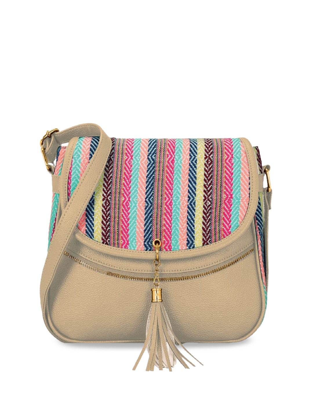 

KLEIO Beige Jacquard Half Moon Sling Bag with Tasselled