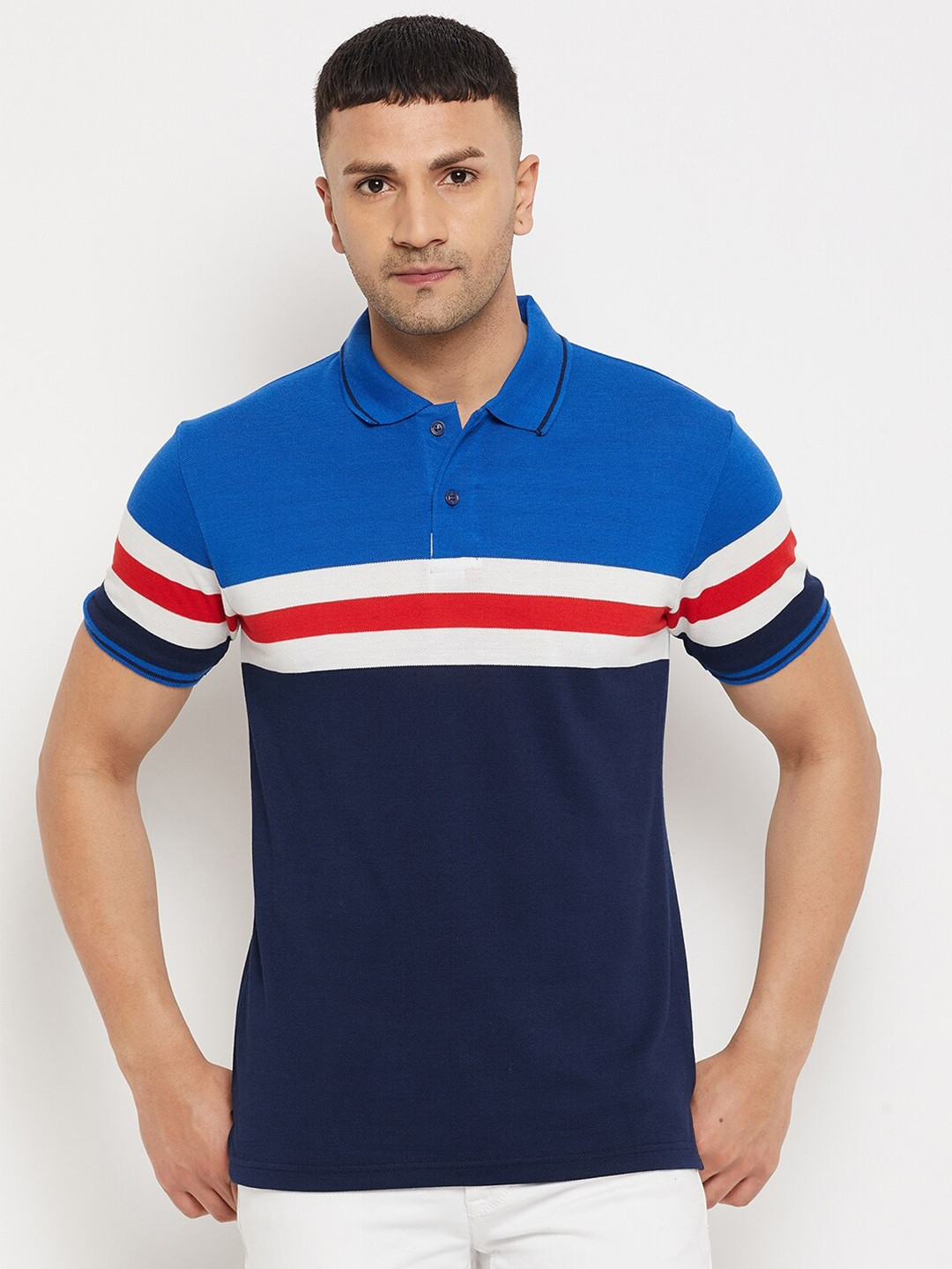 

Parcel Yard Men Blue & White Colourblocked Polo Collar T-shirt