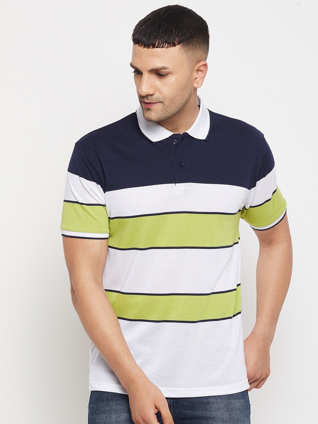 

Parcel Yard Men White & Navy Blue Striped Polo Collar T-shirt