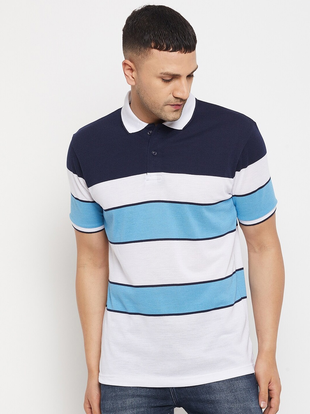 

Parcel Yard Men White & Blue Striped Polo Collar Cotton T-shirt