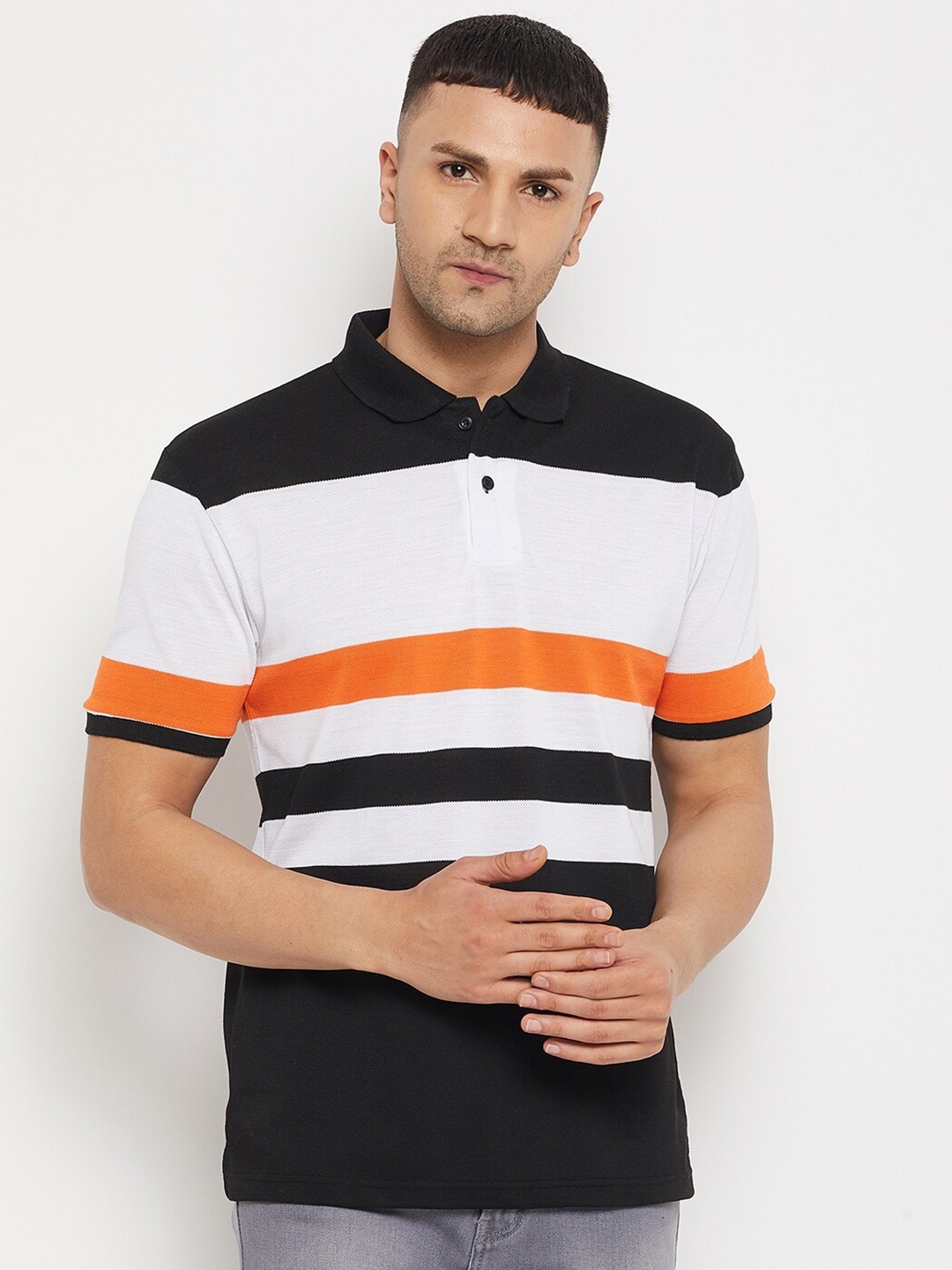 

Parcel Yard Men White & Black Striped Polo Collar Regular Fit T-shirt