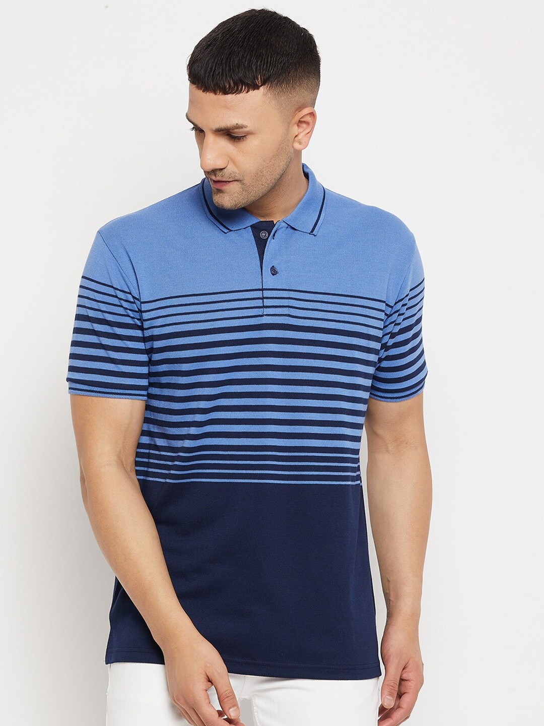 

Parcel Yard Men Blue Striped Polo Collar T-shirt