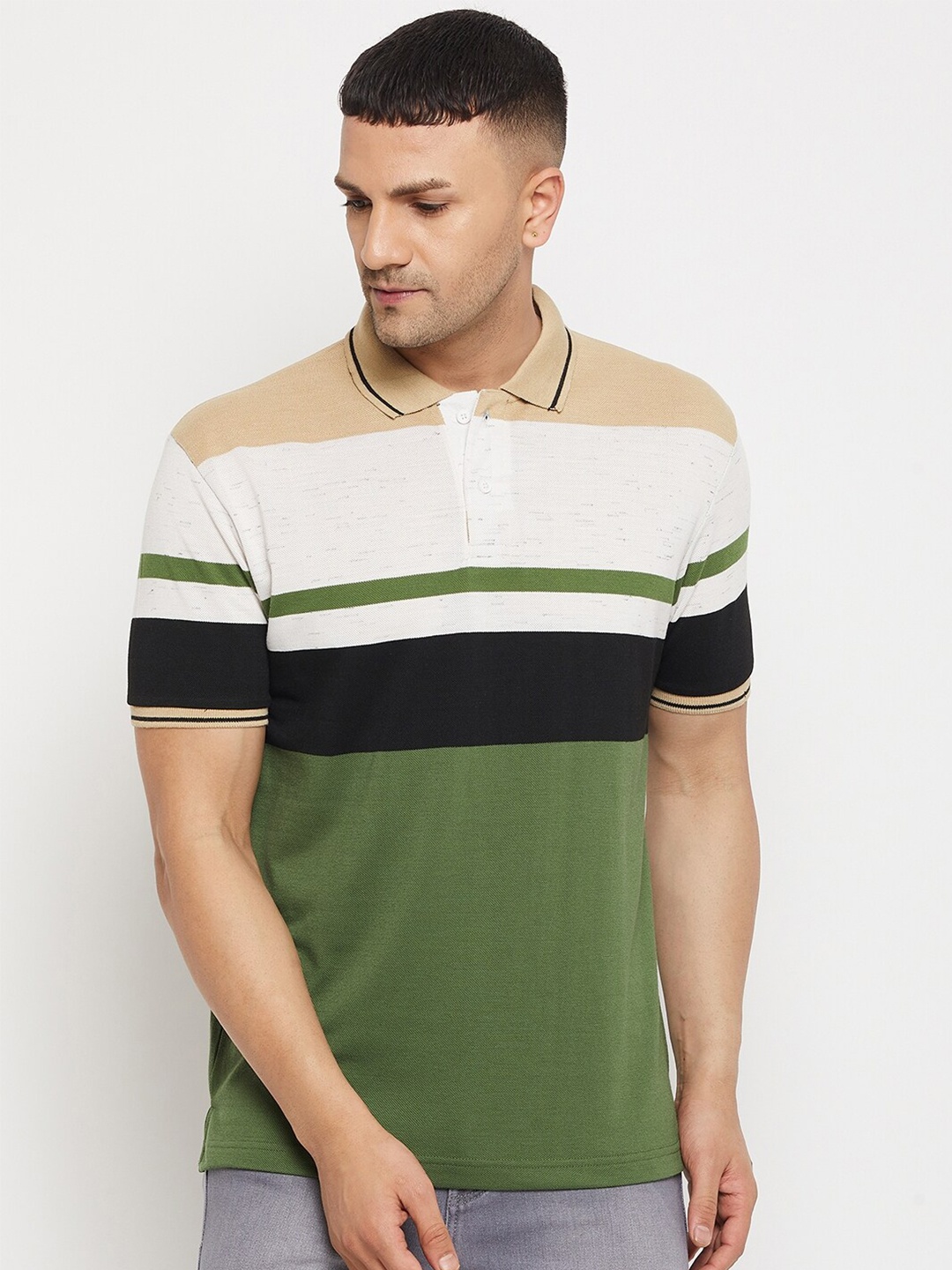 

Parcel Yard Men Green & Off White Striped Regular Fit Polo Collar T-shirt
