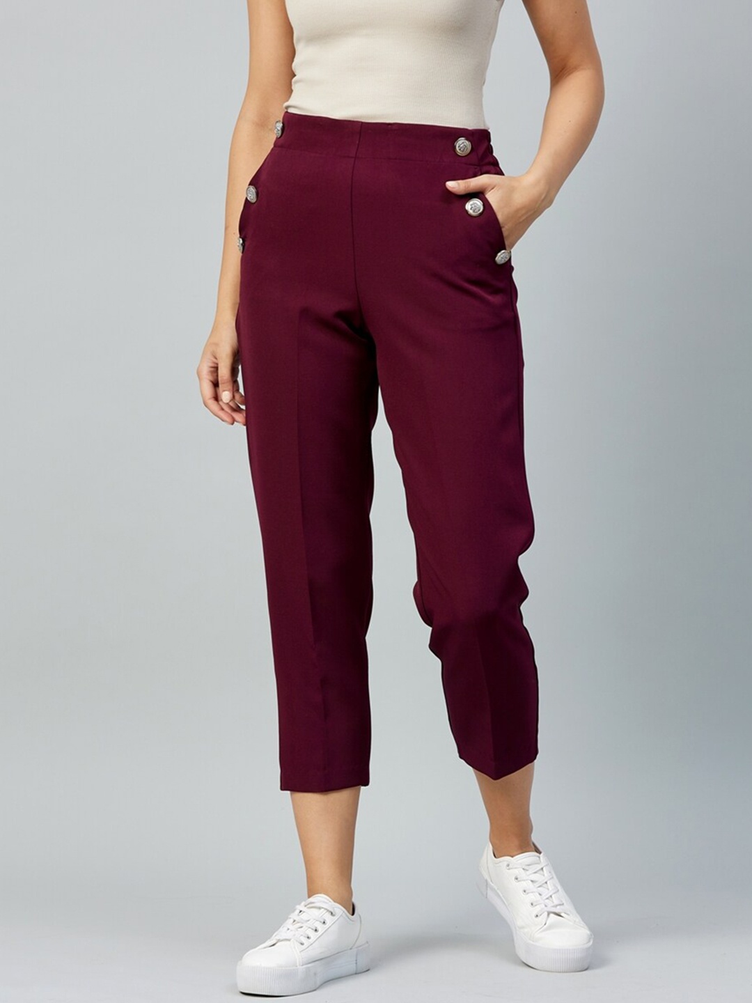 

DELAN Women Maroon Relaxed Slim Fit High-Rise Easy Wash Cropped Trousers
