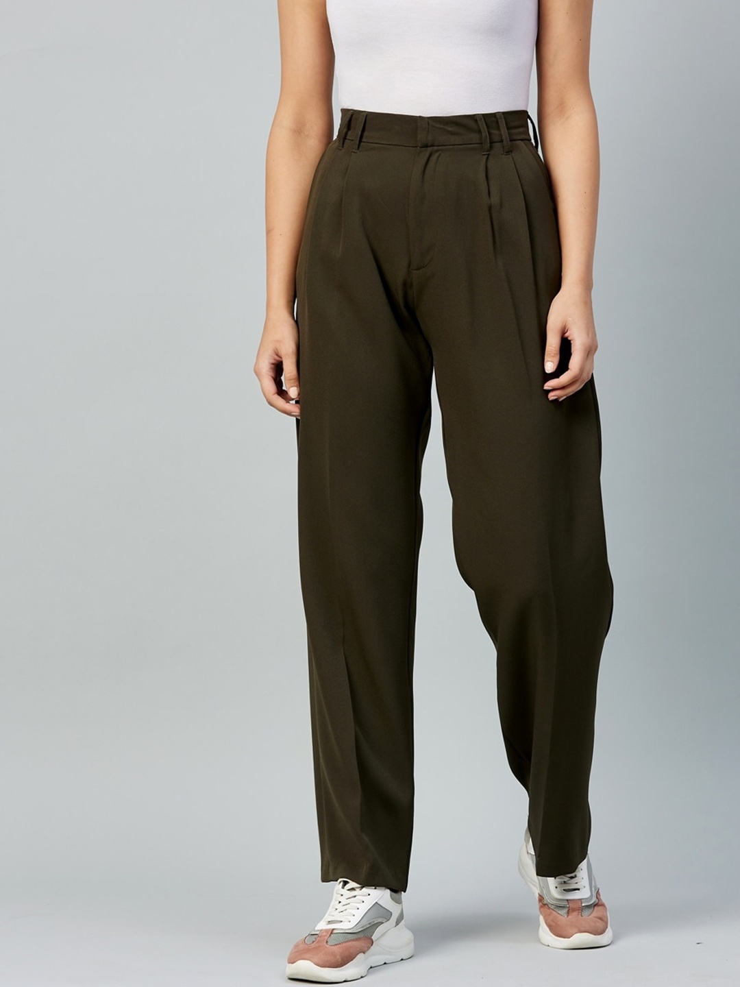 

DELAN Women Olive Green Relaxed High-Rise Easy Wash Pleated Trousers